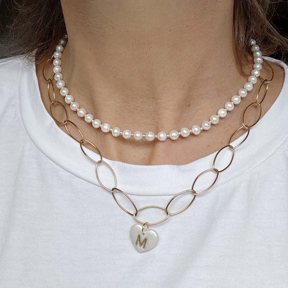 Ketting met letter op hartje - Iniziale + Ketting met parels - Letizia