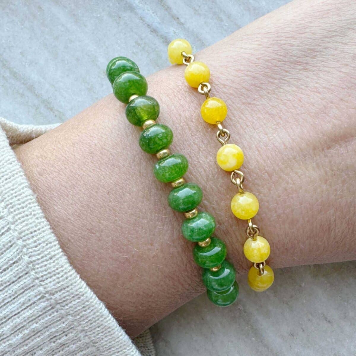 Gouden armband met groene kralen | Gouden armband met gele kralen | Napoli, Laluka | Bacio da Lou
