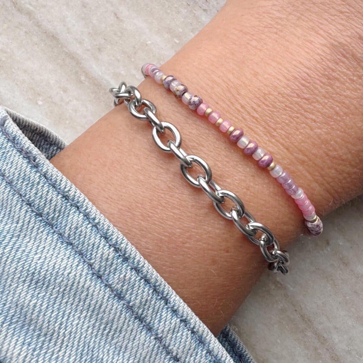 Kralenarmbandje in goud en roze - Eloisa + Zilveren armband met grote schakels - Splendore