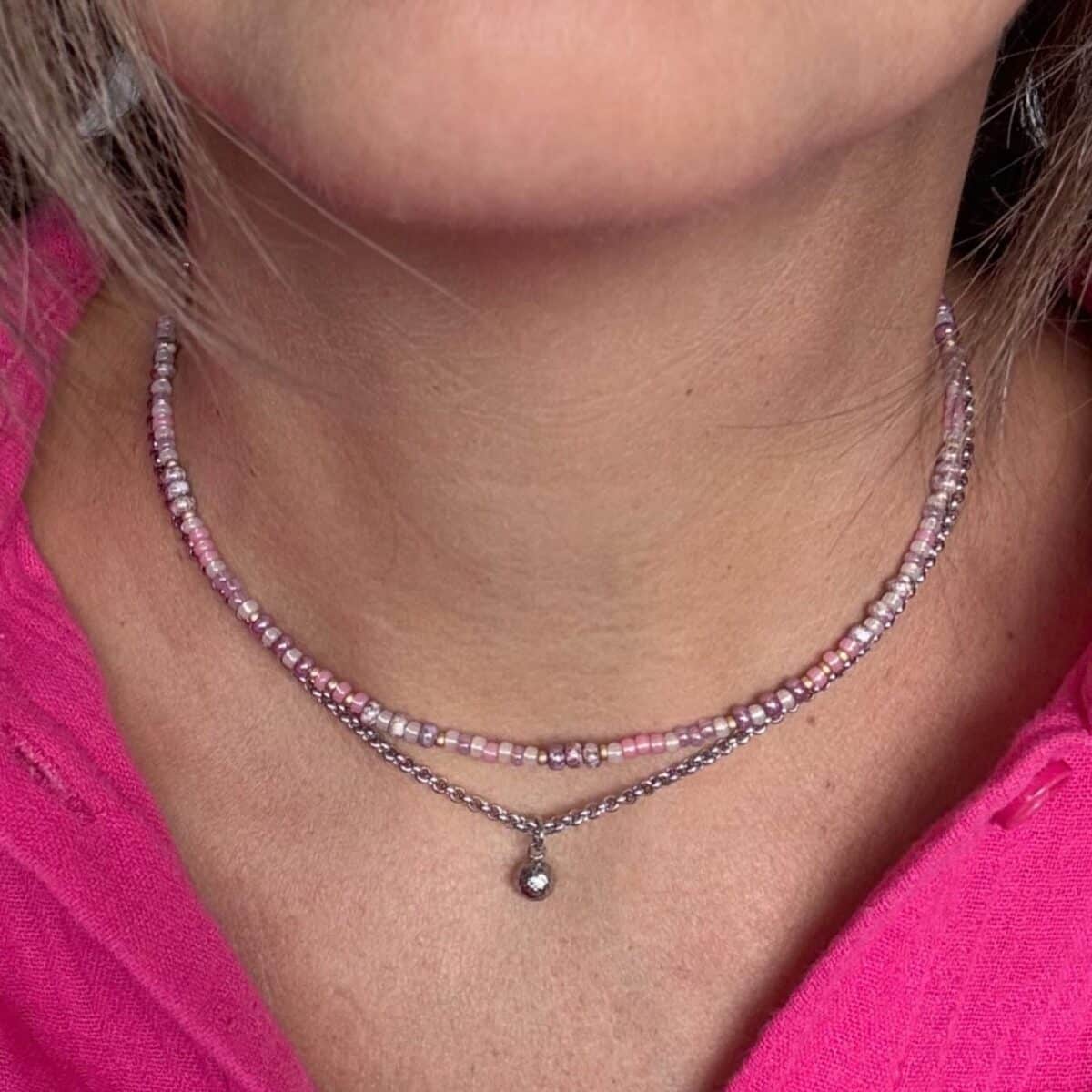 Kralenketting in zilver en roze - Eloisa + Zilveren ketting met bolletje - Faya