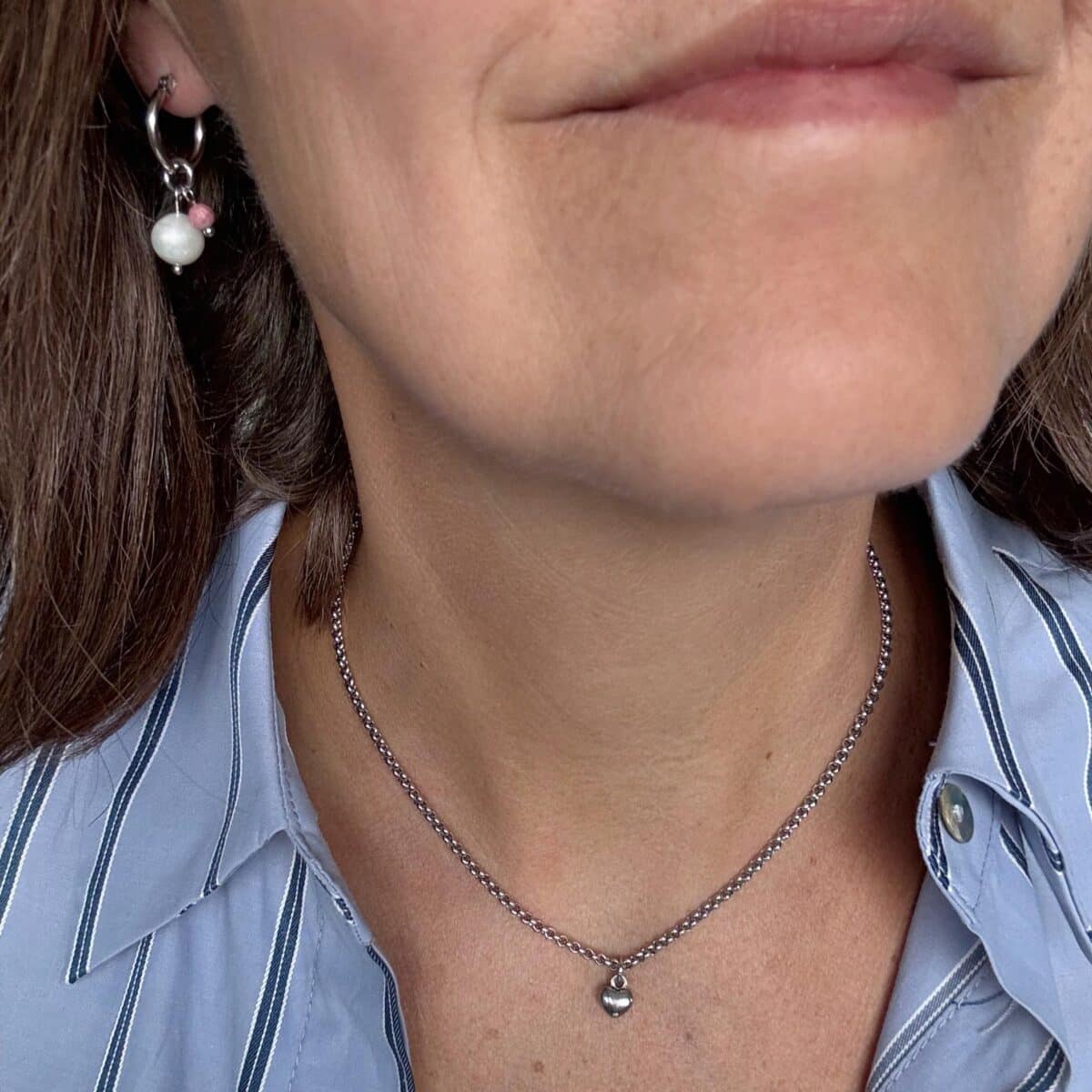 Zilveren ketting met hartje - Jina + Zilveren ringen met parel en roze kraal - Chiara