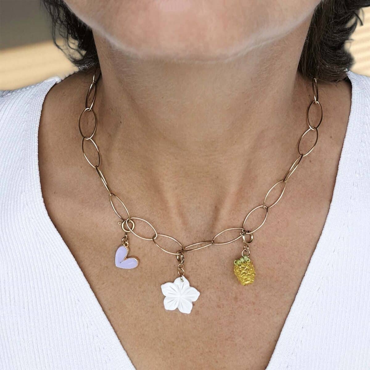 Bedel met lila hartje + Bedel met witte bloem + Bedel met gele framboos | Cuore, Flori, Frutti